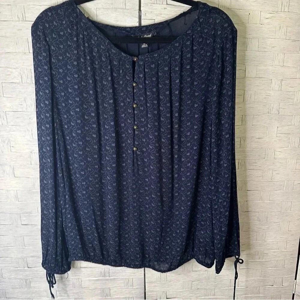 Lucky‎ brand Womens peasant top navy blue print Bohemian Festival blouse tunic